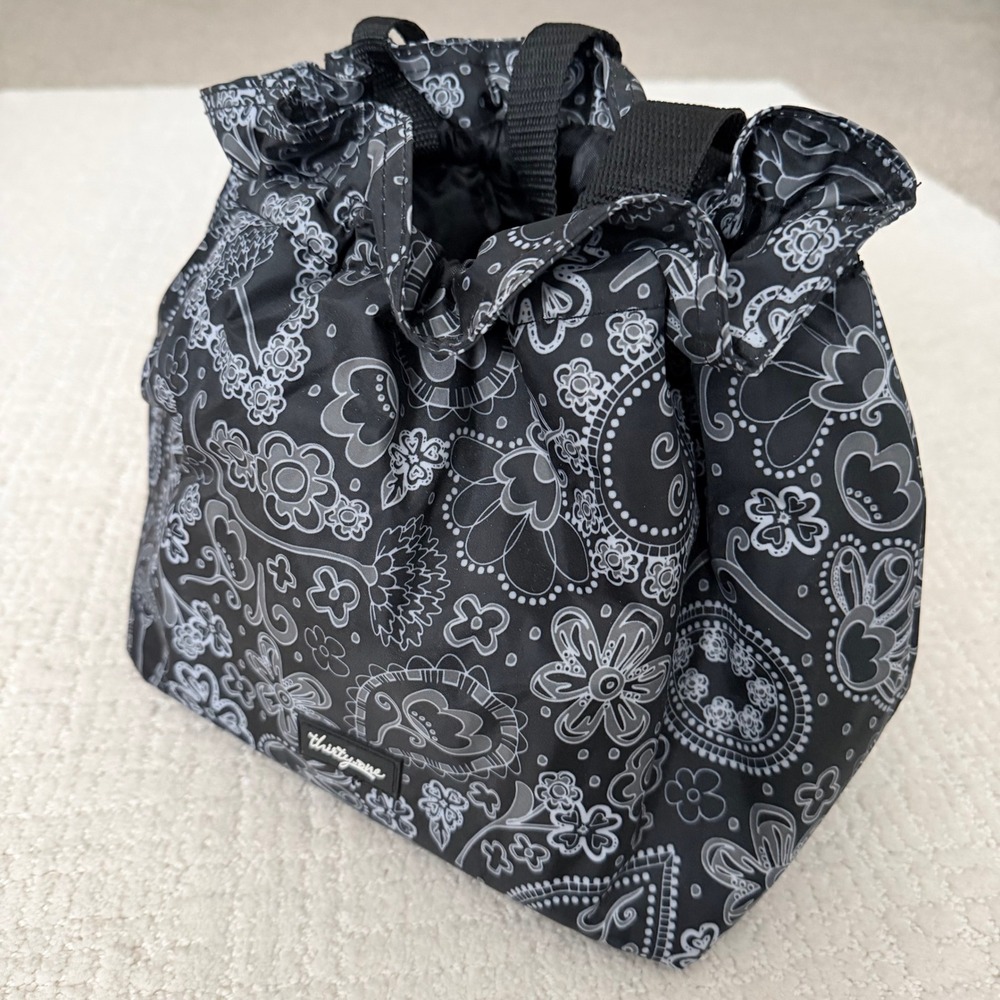Thirty One Cinch It Up Black White Paisley Floral Insulated Lunch Bag Travel New